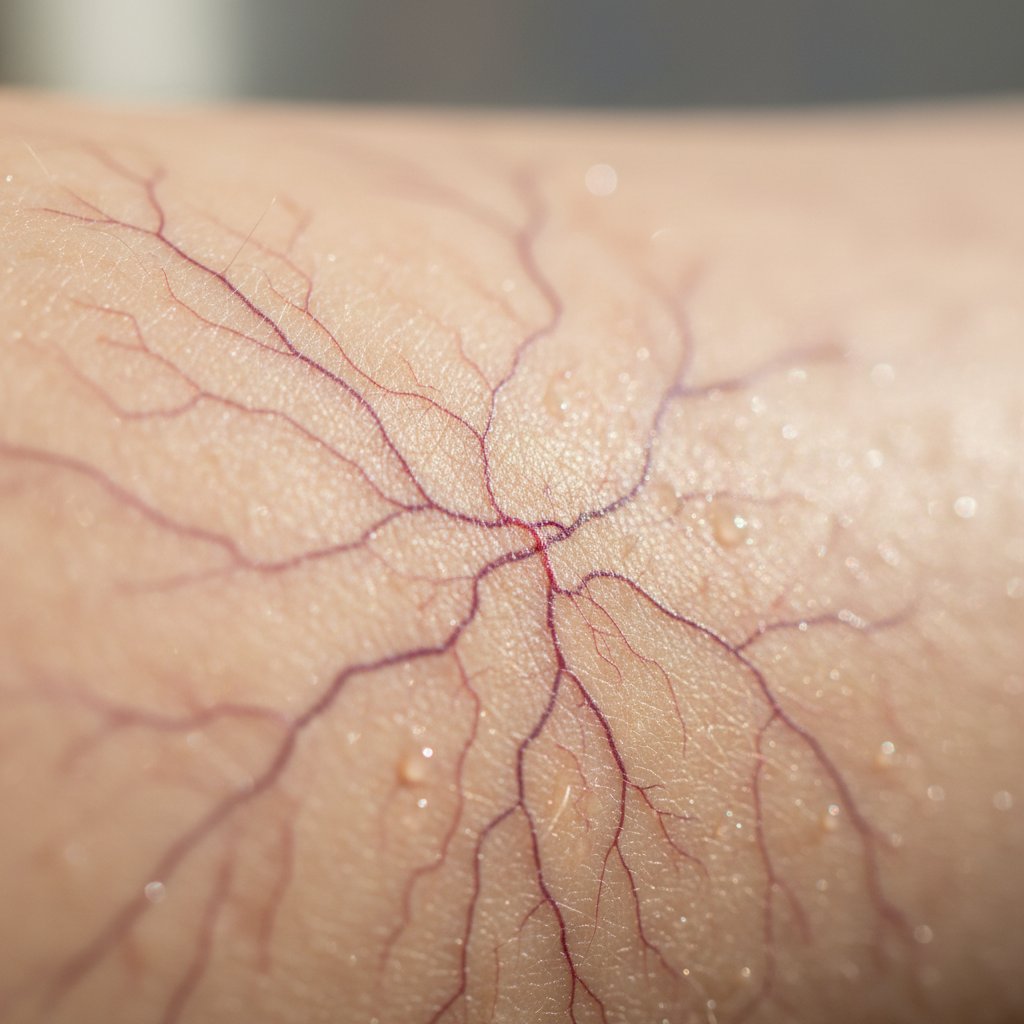 Zbliżenie na pajączki naczyniowe na skórze, widoczne popękane naczynka