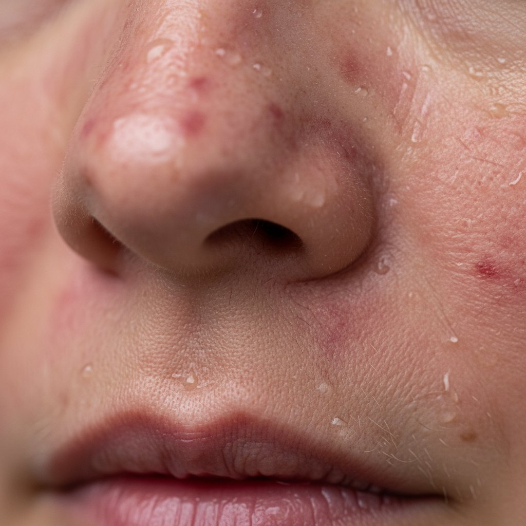 Makro zdjęcie skóry z trądzikiem różowatym na policzku, detale naczynek i zaczerwienień, trądzik różowaty objawy