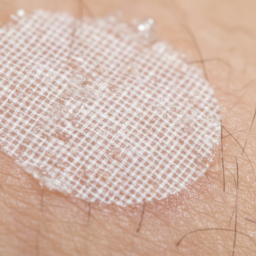 Makrofotografia klejącej warstwy plastra na skórze.