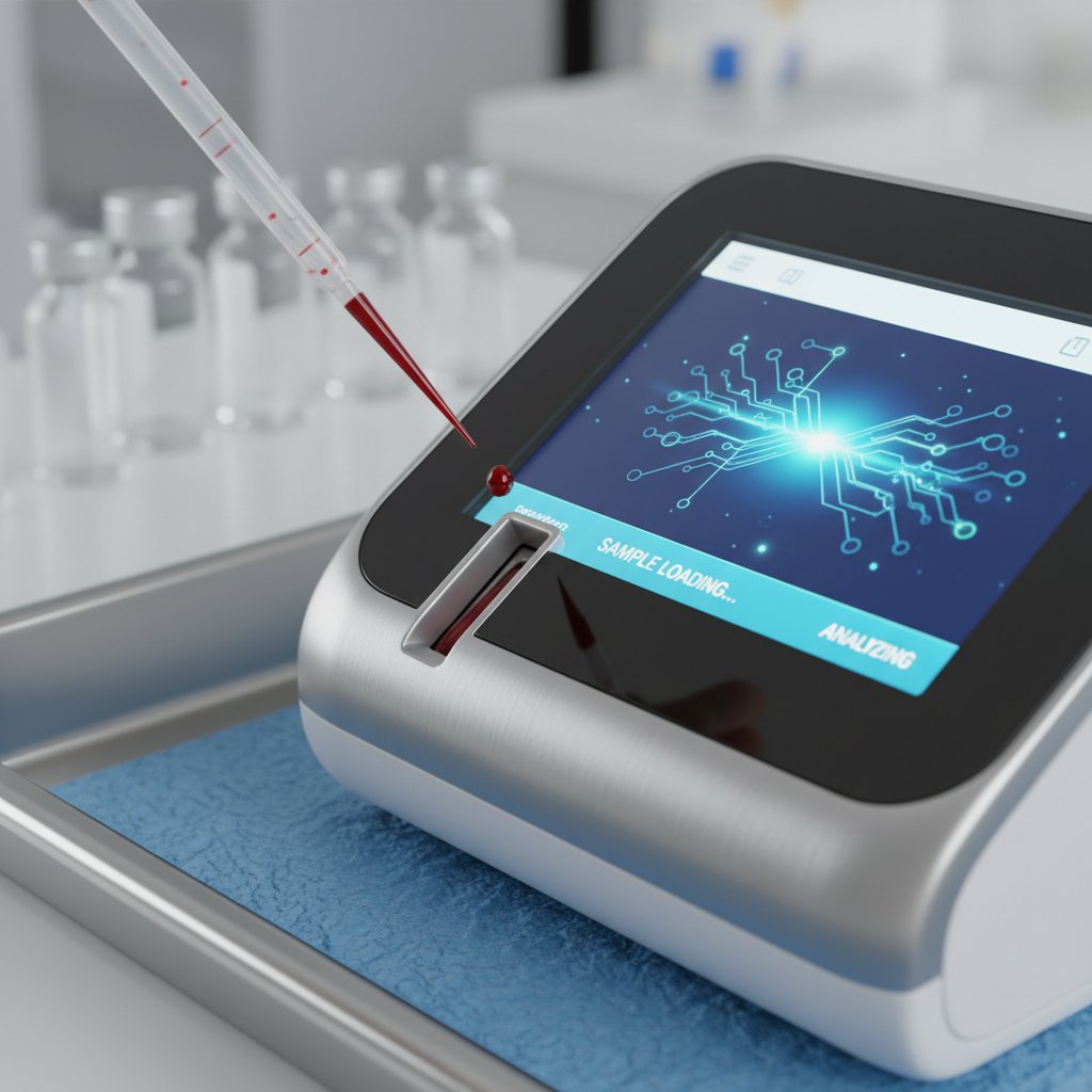Nowoczesny analizator POCT – próbka krwi w trakcie badania, wyświetlacz cyfrowy