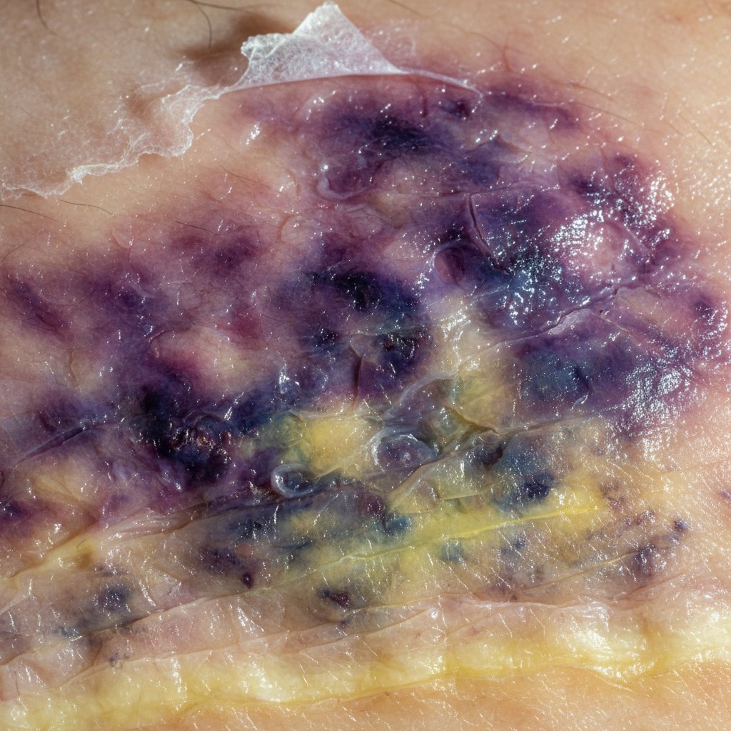 Przekrój skóry z widocznym stłuczeniem, makrofotografia, dramatyczne światło