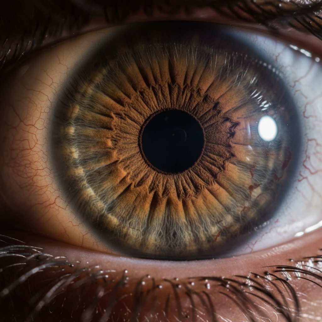 Makrofotografia oka z widocznymi oznakami starzenia i szczegółową strukturą soczewki