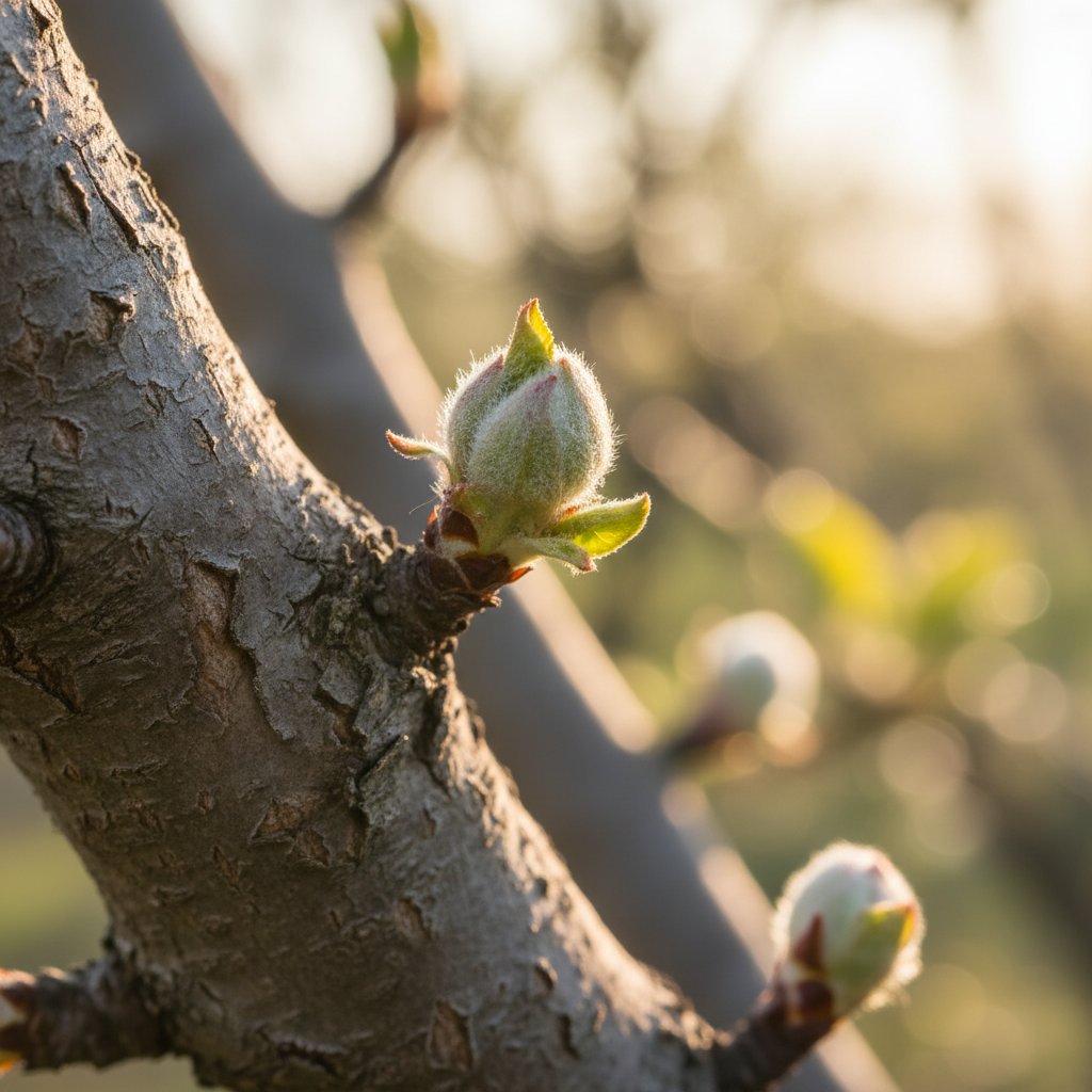 Pąki i kora drzewa owocowego wskazujące na gotowość do cięcia
