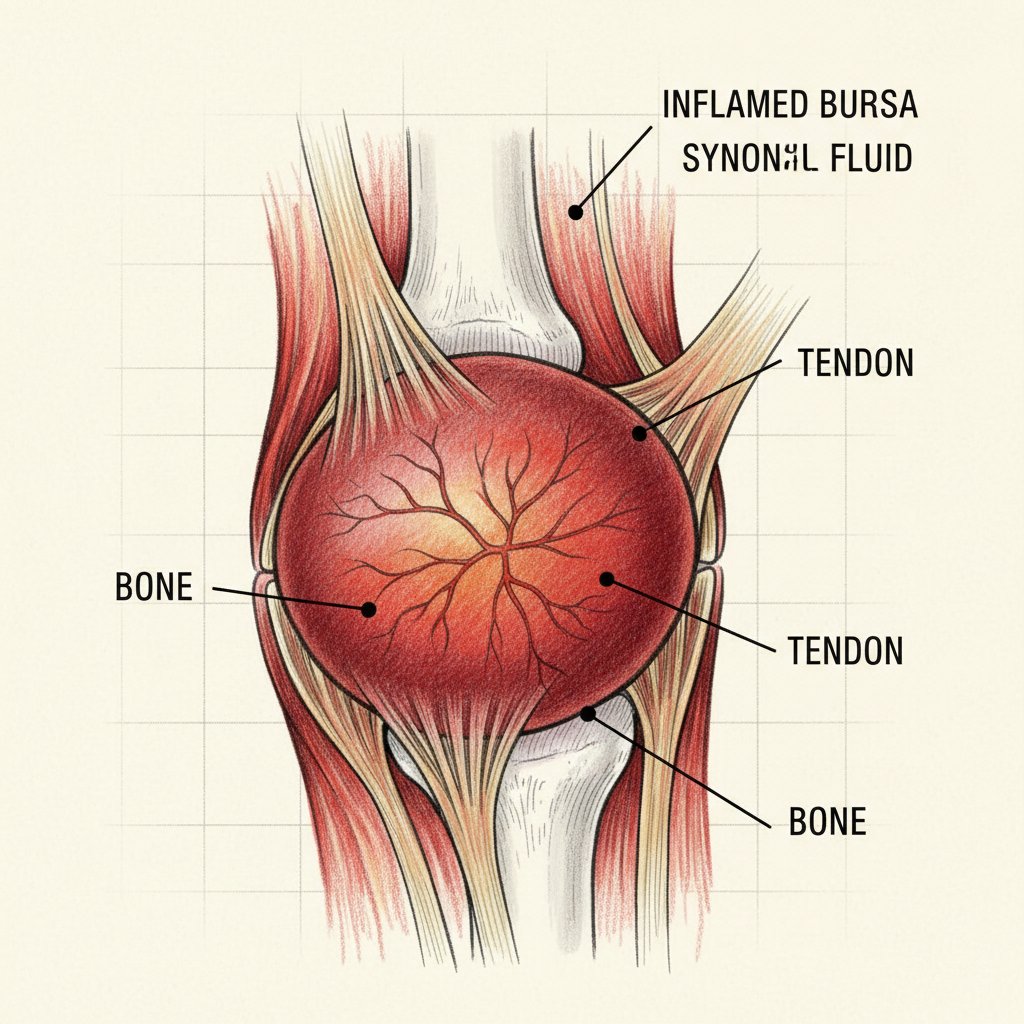 Przekrojowa ilustracja zapalenia kaletki maziowej w stawie łokciowym