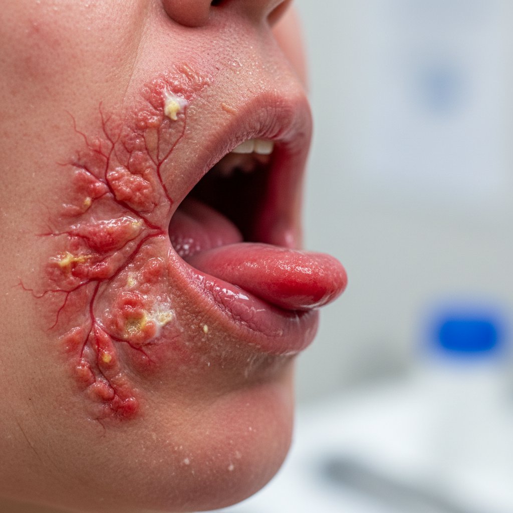 Zdjęcie makro przekrwionej błony śluzowej gardła – obrazujące stan zapalny i ból gardła