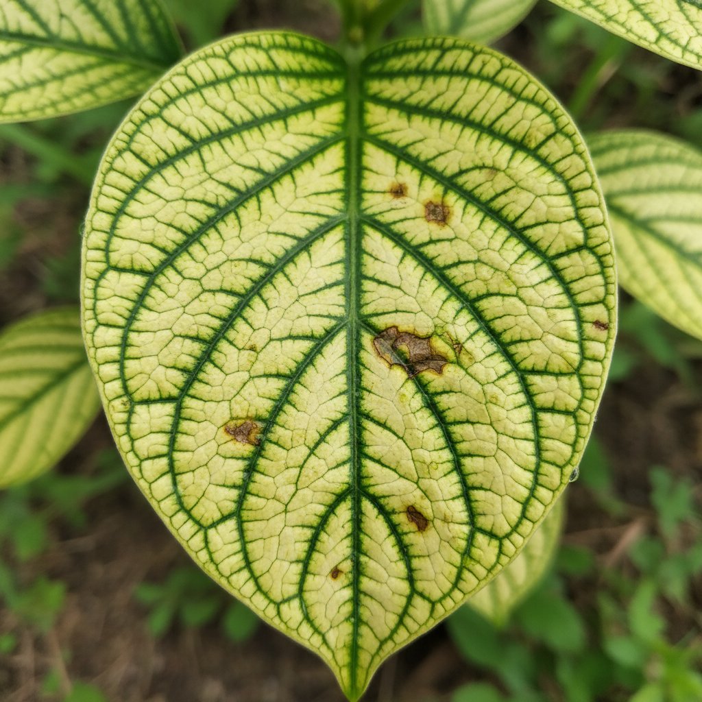 Zbliżenie na objawy chlorozy między nerwami u rośliny – możliwy niedobór żelaza