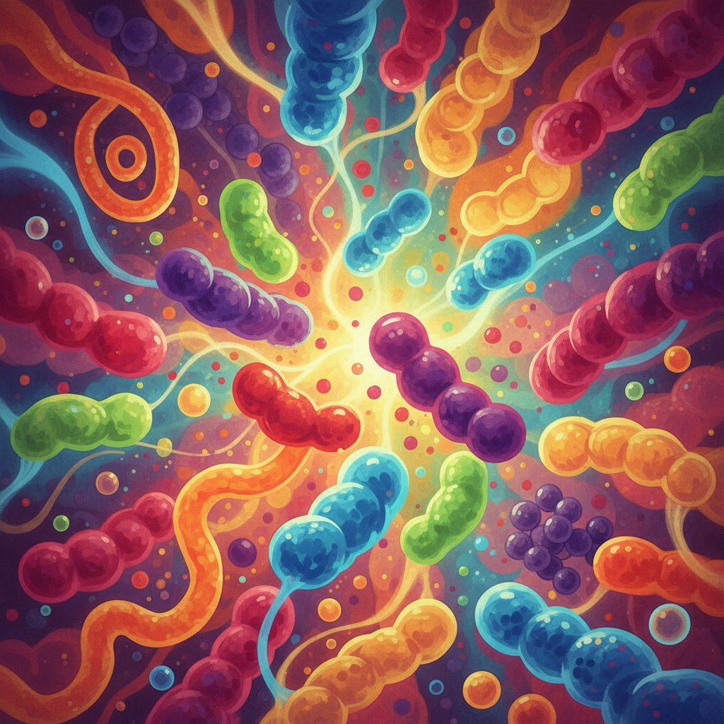 Abstrakcyjna ilustracja bakterii jelitowych, mikrobiom, gazy