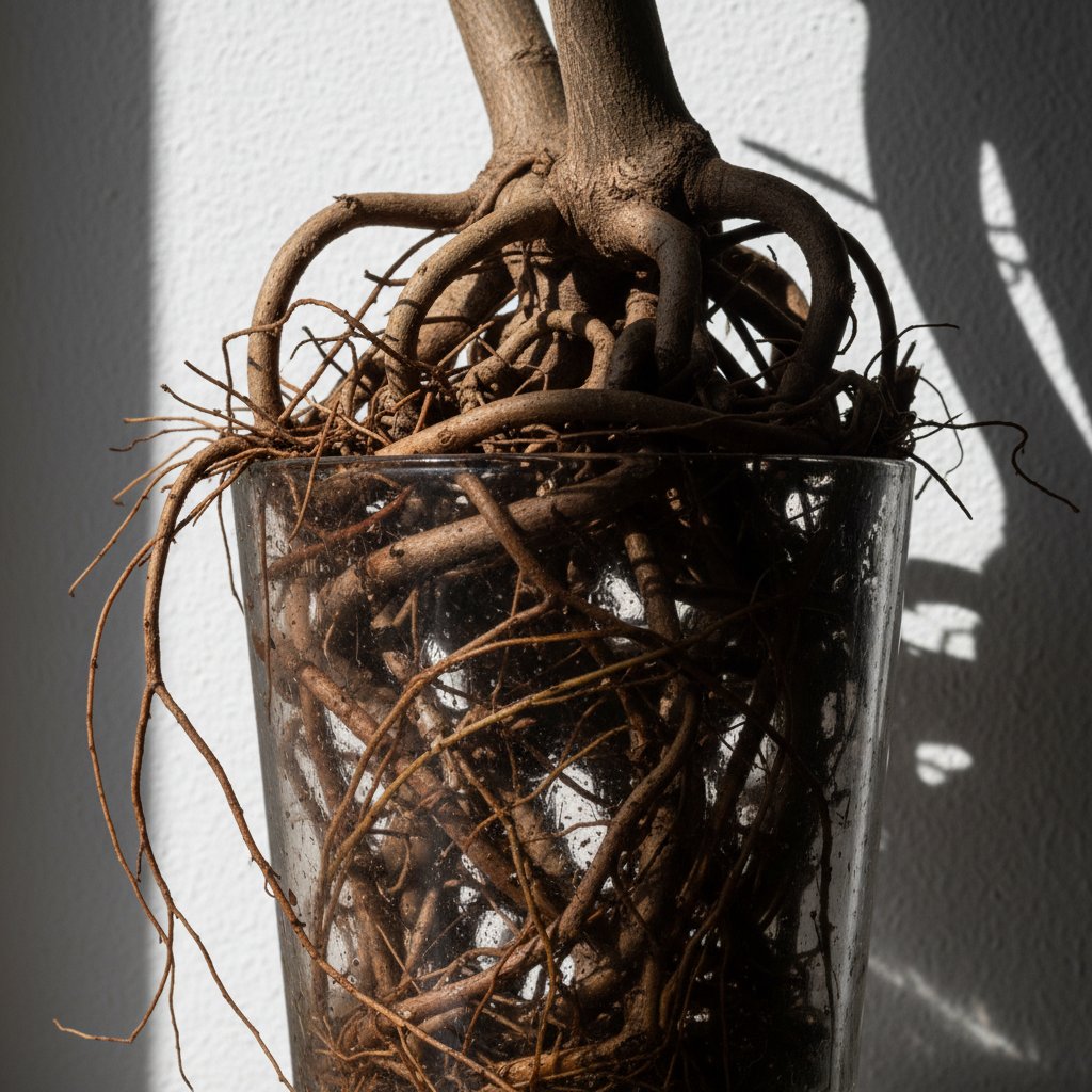 Skomplikowany system korzeniowy w przezroczystej doniczce