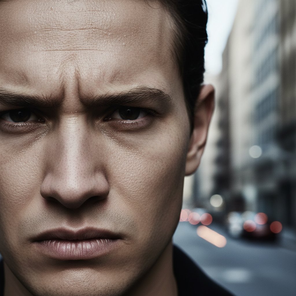 Zbliżenie na twarz z wyrazem frustracji w miejskim otoczeniu, emocje w związku