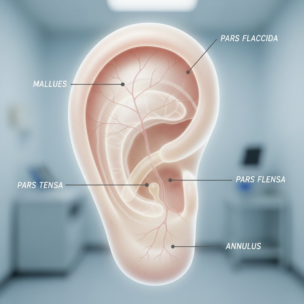 Anatomia błony bębenkowej pod mikroskopem z wyraźnymi warstwami i strukturą