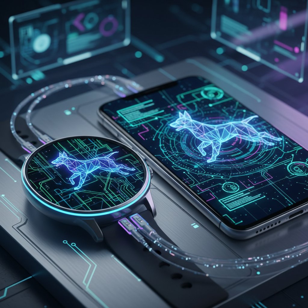 Smartwatch i smartfon połączone z cyfrowym psem przez świetliste linie danych