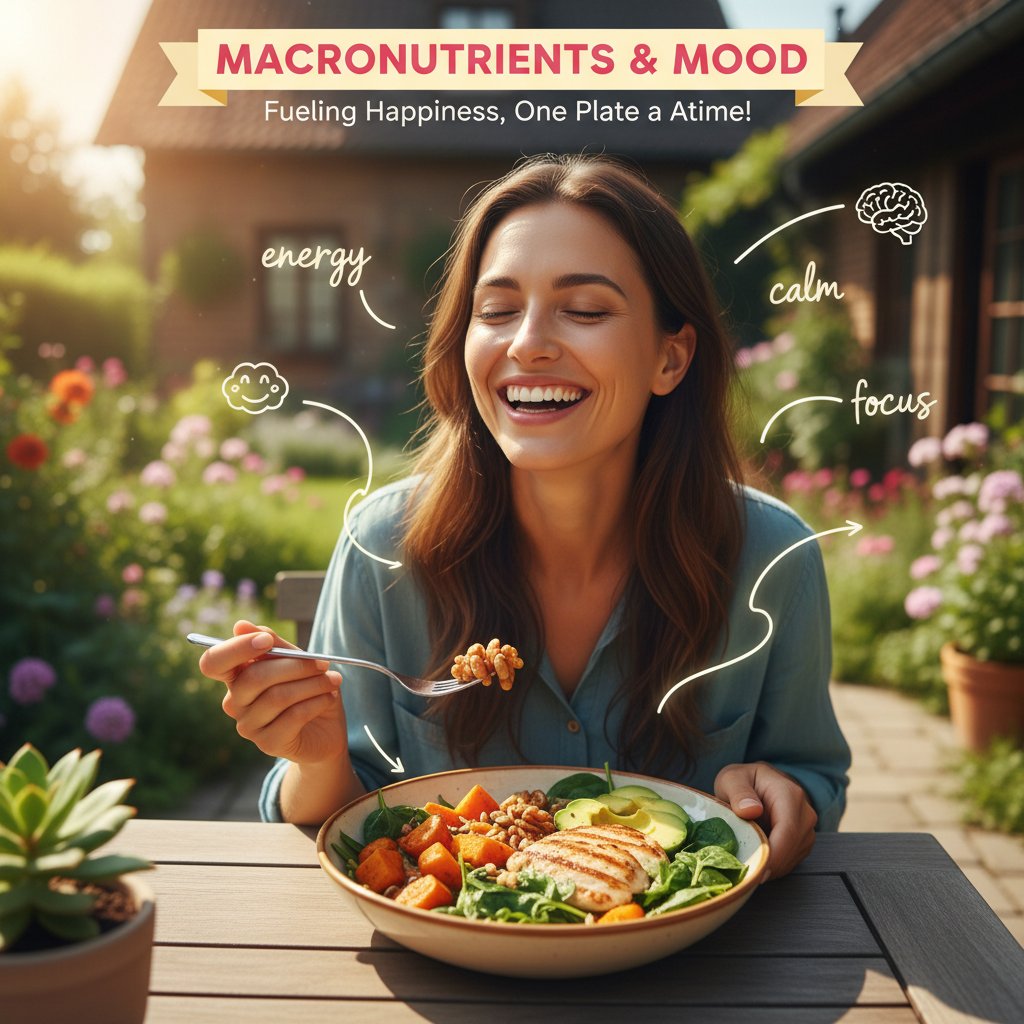 Makroskładniki i samopoczucie: uśmiechnięta osoba spożywająca zrównoważony posiłek