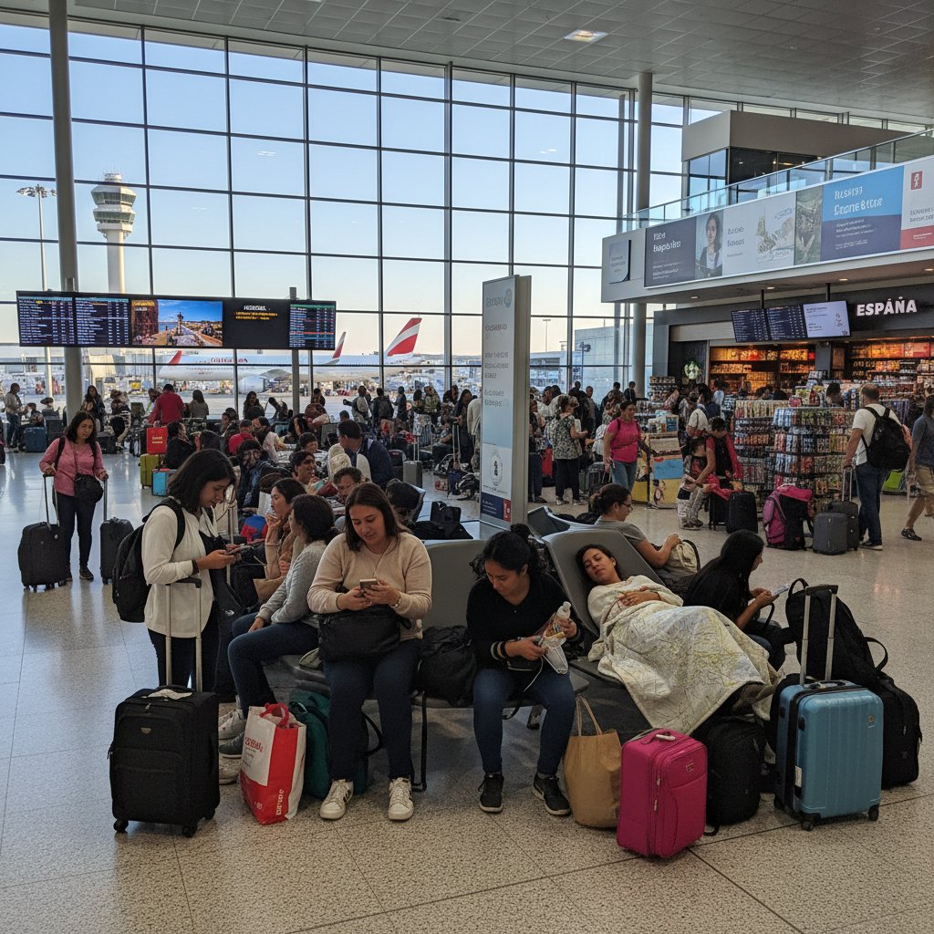 Podróżni oczekujący na przesiadkę w hali odlotów na lotnisku w Madrycie, obrazujący międzynarodowy charakter podróży