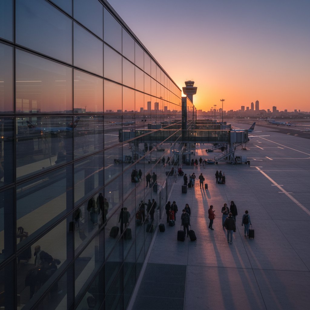 Cinematic dawn photo of Madrid-Barajas airport with diverse travelers, urban skyline, dramatic lighting, flights to Madrid travel scene