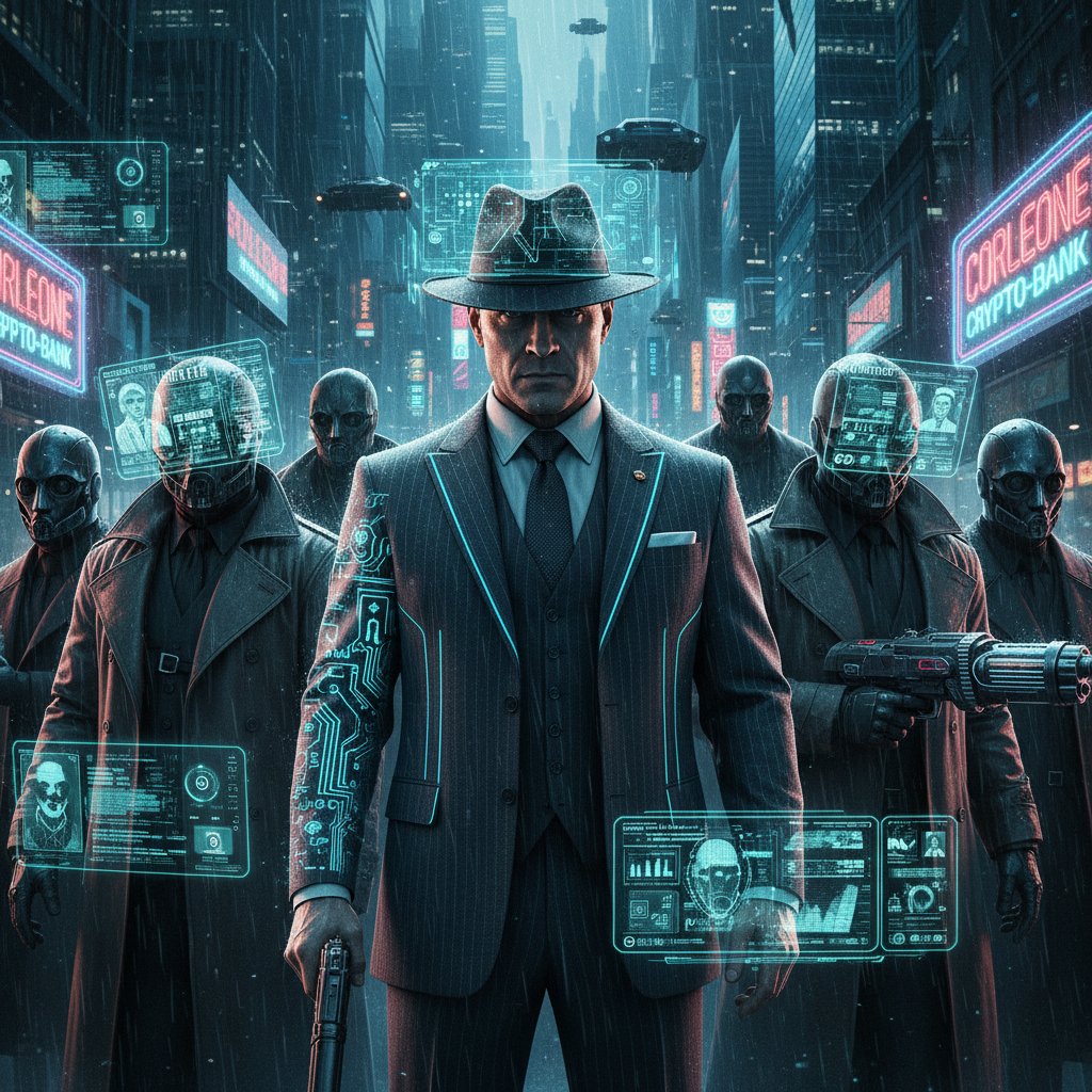 Futuristic mobster with digital overlays in a neon-lit city. Alt: Sci-fi mafia movie concept blending mafia movies with future technology