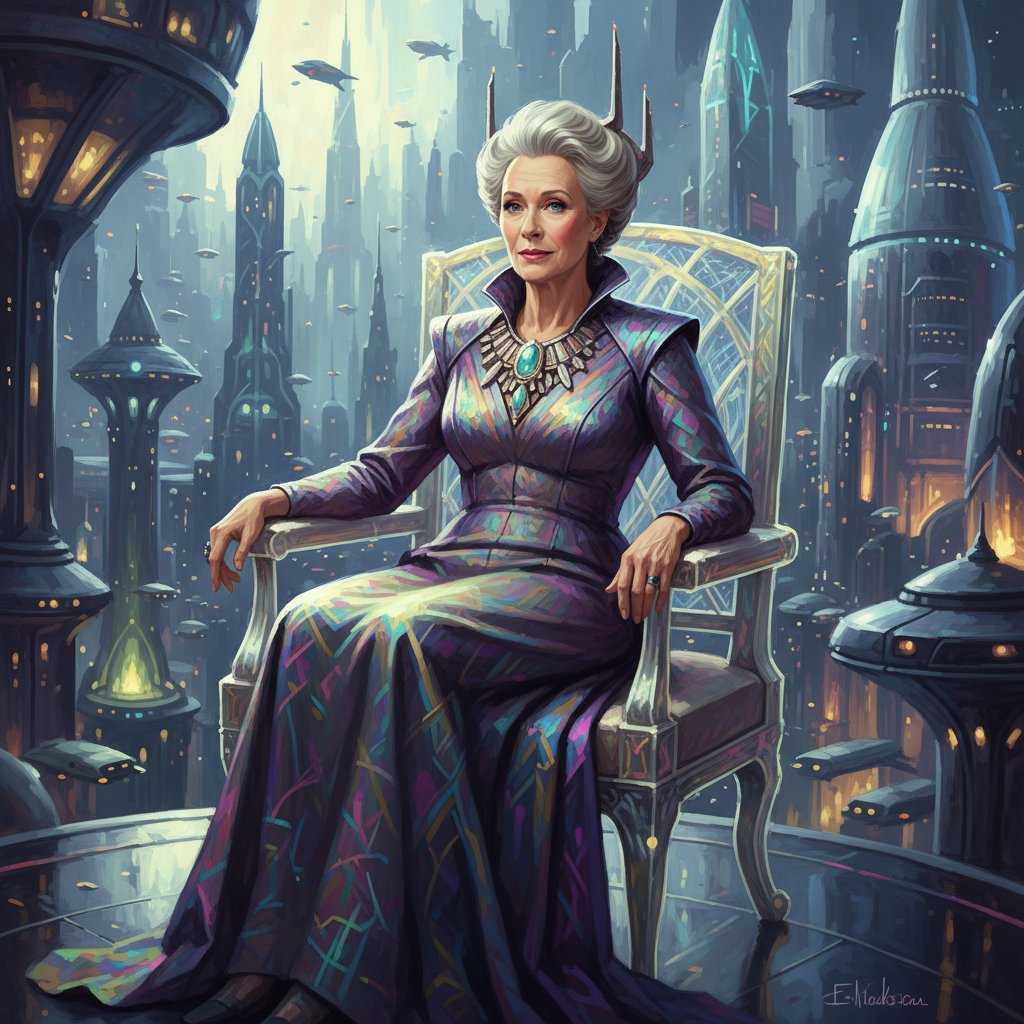 Stylized portrait of Maggie Smith in a contemporary setting, hinting at her enduring future