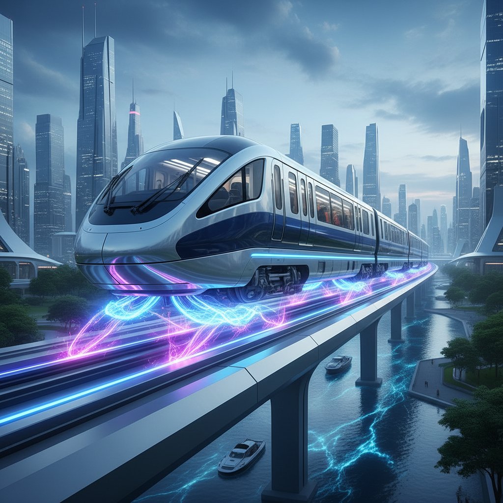 Pociąg magnetyczny maglev w ruchu, efektowne linie pola magnetycznego wokół pojazdu