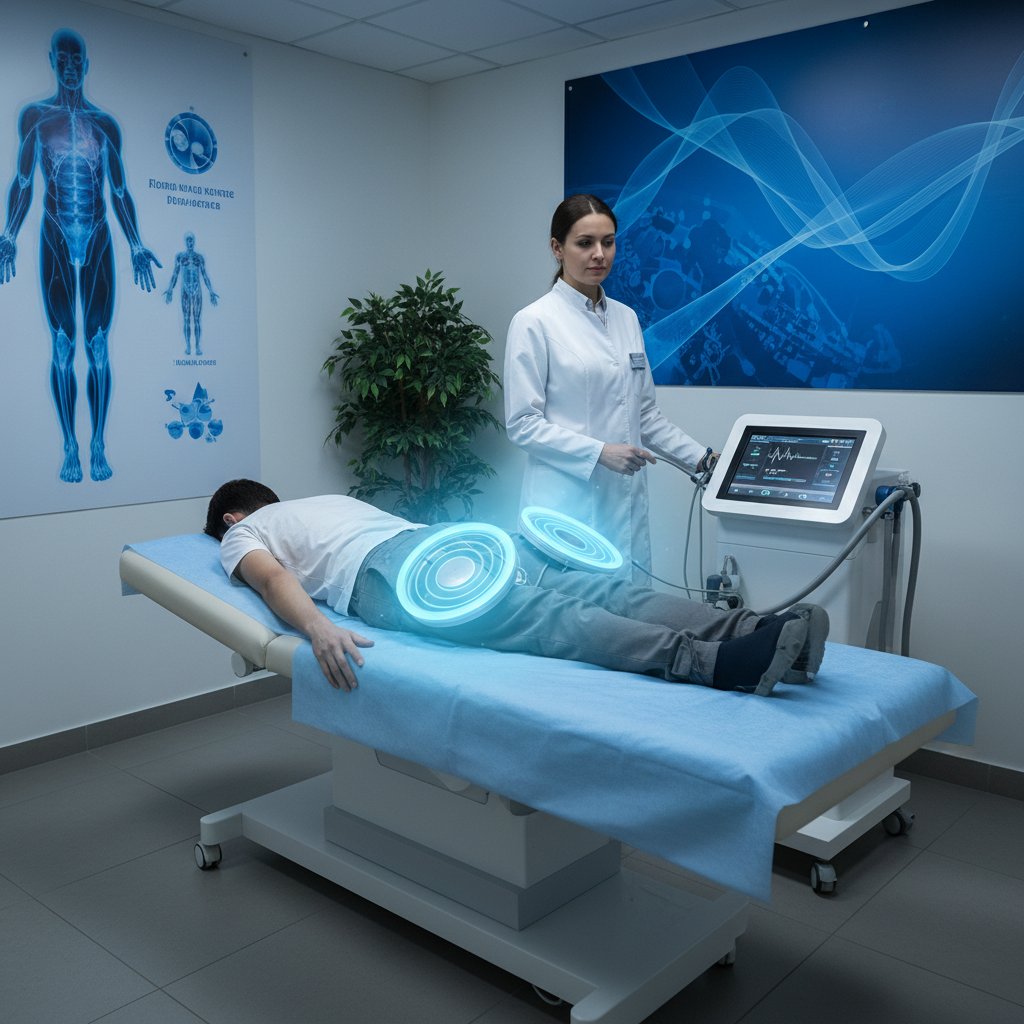 Pacjent podczas zabiegu magnetoterapii w klinicznej sali, widoczne delikatne niebieskie linie pola magnetycznego