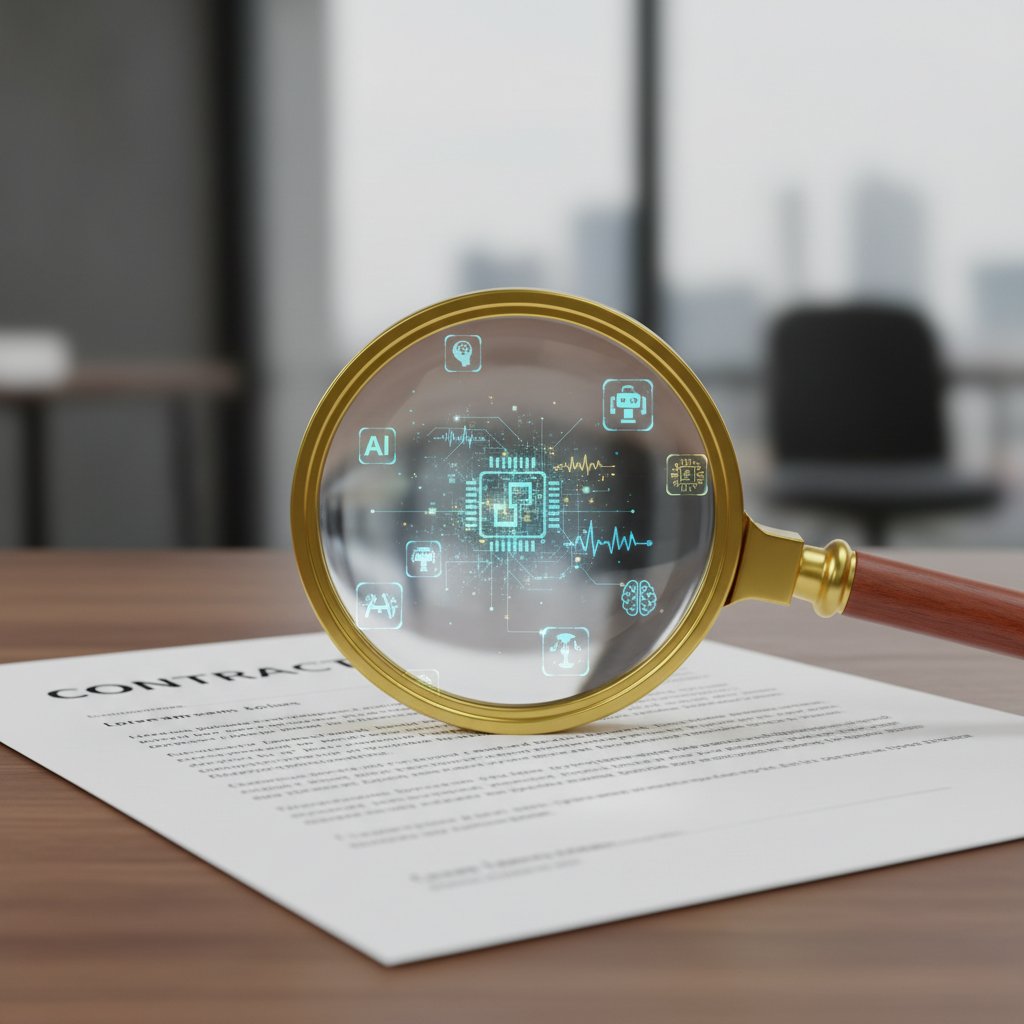 Szkło powiększające nad umową z ikonami AI