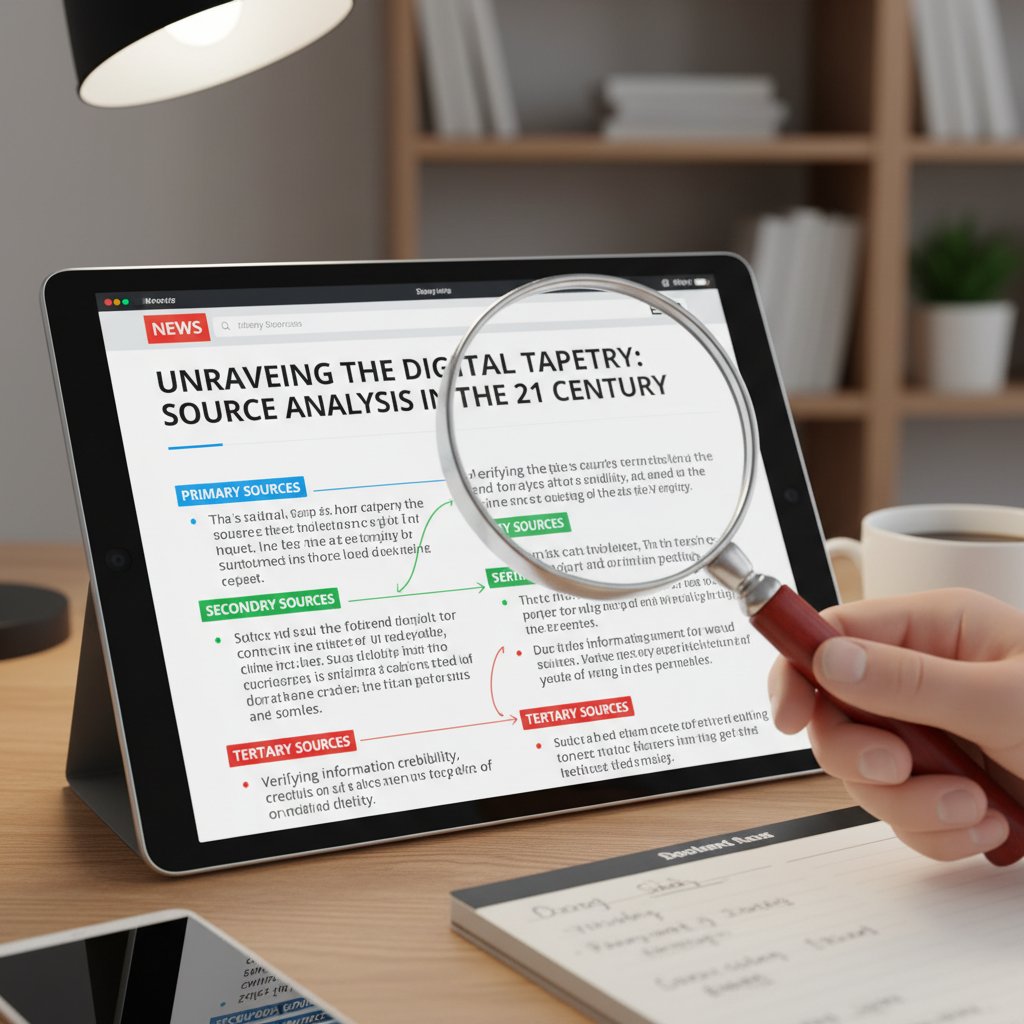 Szkło powiększające nad artykułem cyfrowym, analiza wiarygodności źródła internetowego