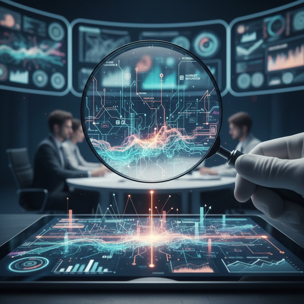Editorial photo of a magnifying glass over a chaotic digital landscape, symbolizing critical analysis in trend research