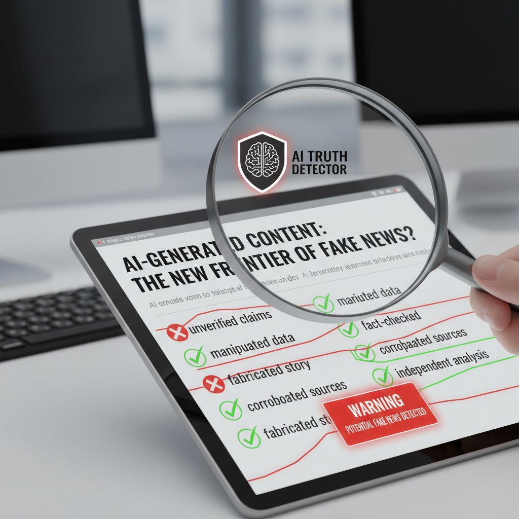 Photo of a magnifying glass over a digital news article, highlighting subtle anomalies, representing the detection of AI-generated news content
