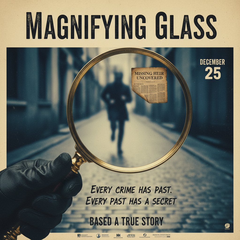 Close-up of movie poster being scrutinized for truthfulness, magnifying glass over 'based on a true story' tagline