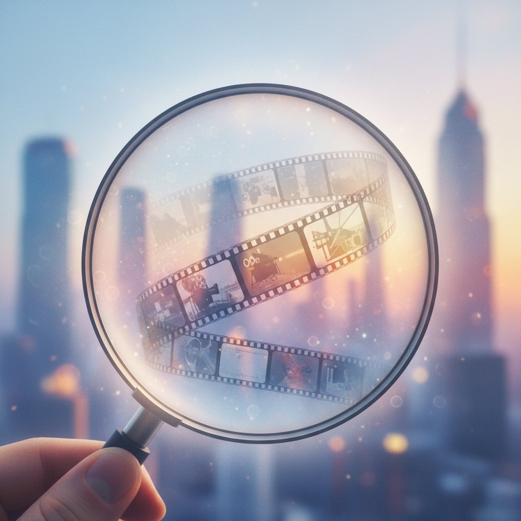Magnifying glass over film reel, blurred cityscape, symbolic artistic image, investigation movie concept