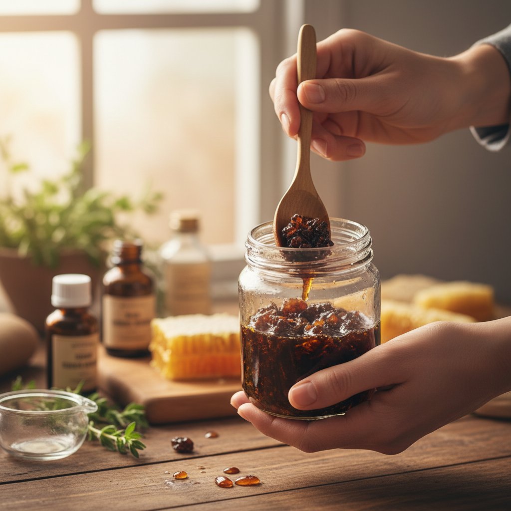 Ręce przygotowujące domową nalewkę z propolisu, tradycyjne zastosowanie produktu pszczelego