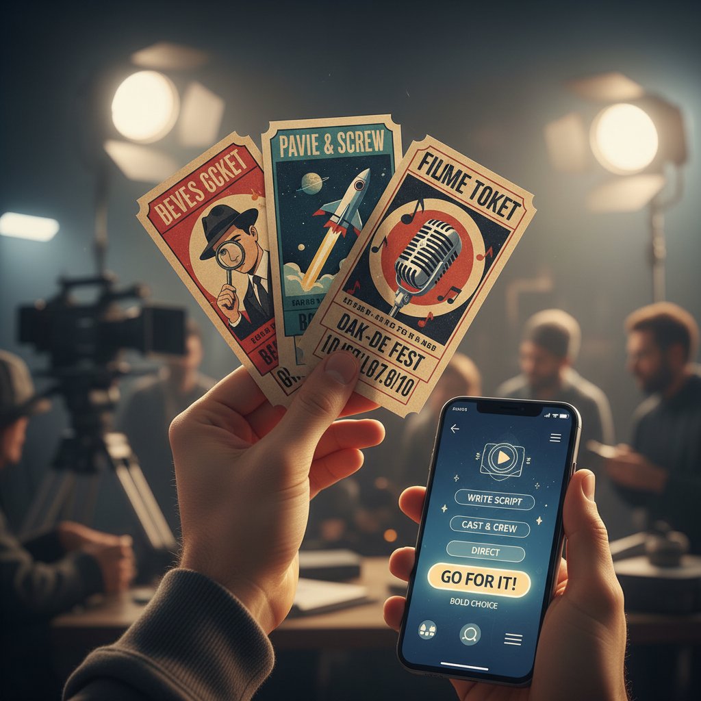 Evocative photo: person with movie tickets in one hand, smartphone in the other, choosing boldly — making your own movie magic