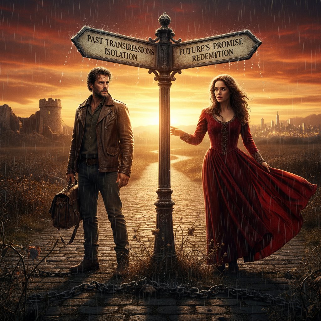 Split-frame of a male and female character, each at a narrative crossroads