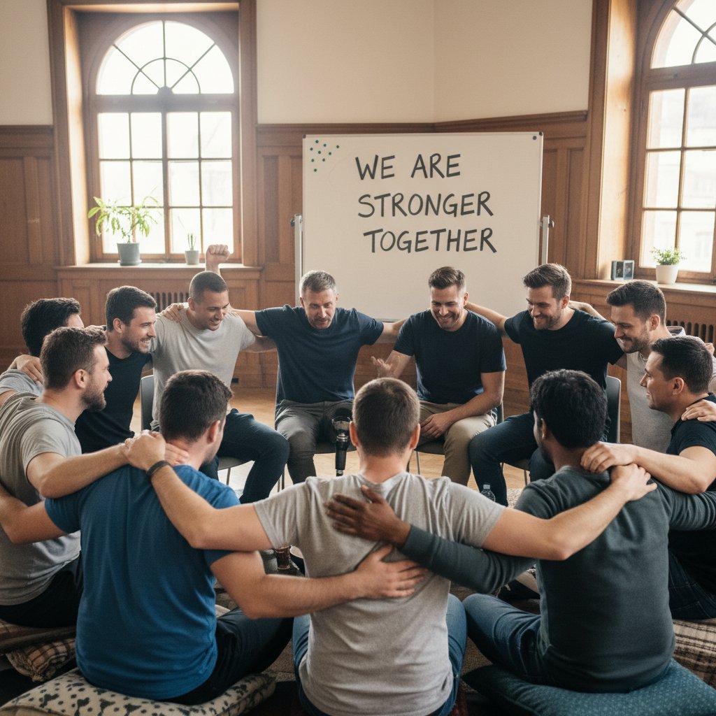 Mężczyzna podczas spotkania grupy wsparcia, symbol siły wspólnoty i inspiracji