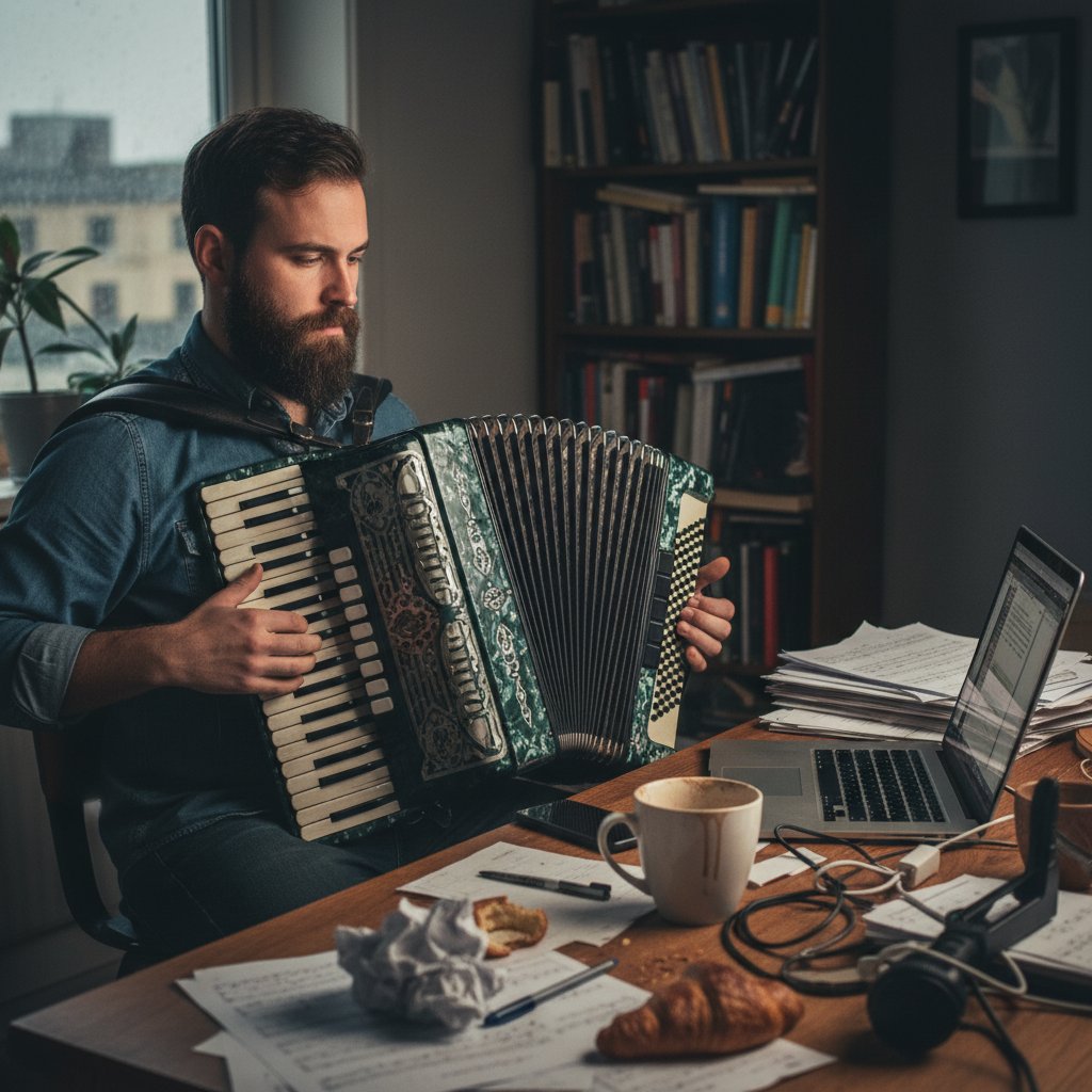 Mężczyzna z akordeonem, zrezygnowany patrzy w ekran laptopa, bałagan na biurku, kawa