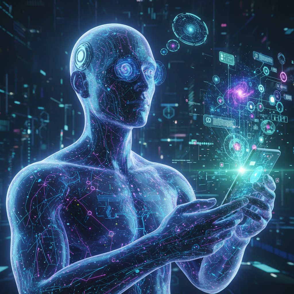 Człowiek i AI generujący teksty randkowe na smartfonie