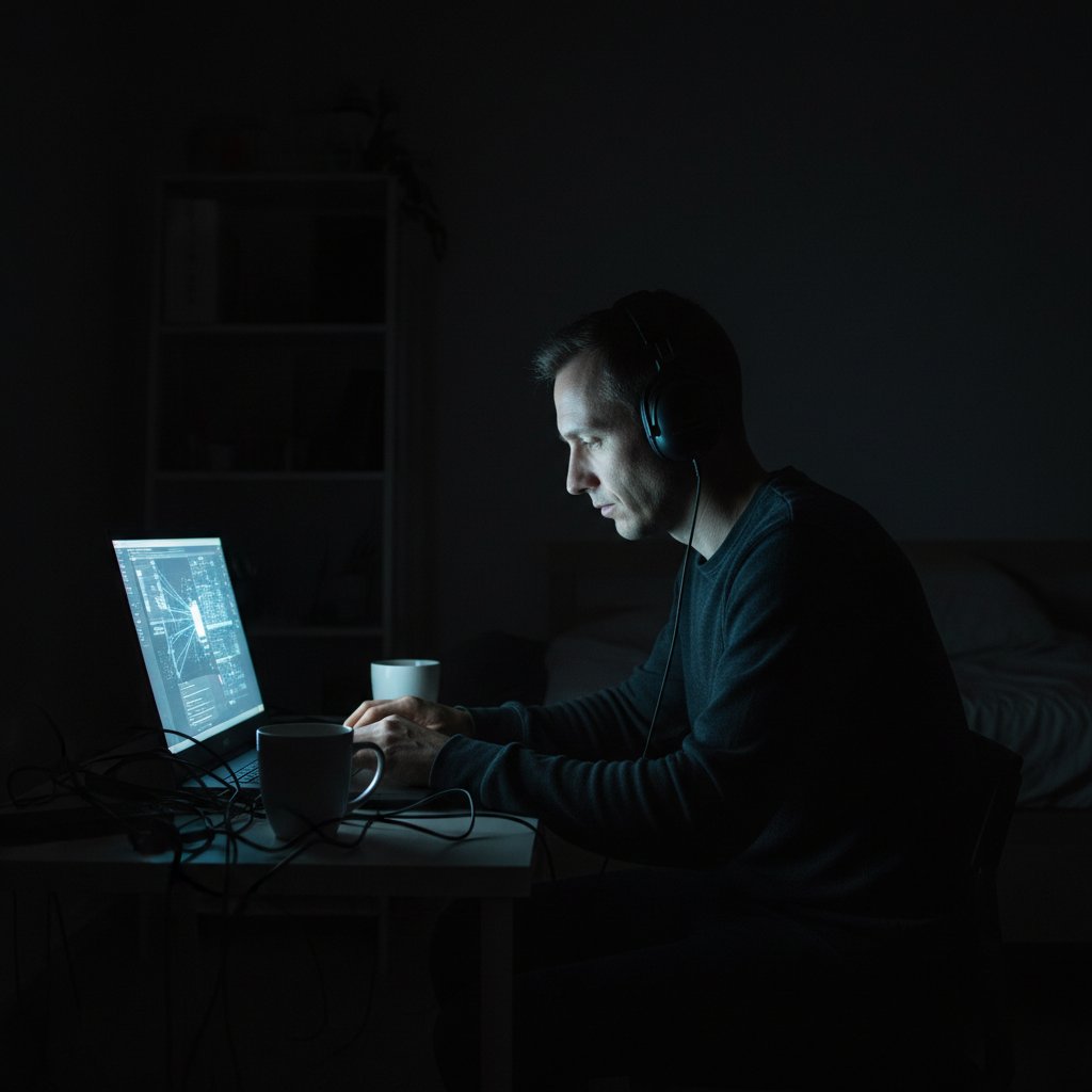 Mężczyzna samotnie patrzący w ciemny ekran laptopa – atmosfera niepokoju