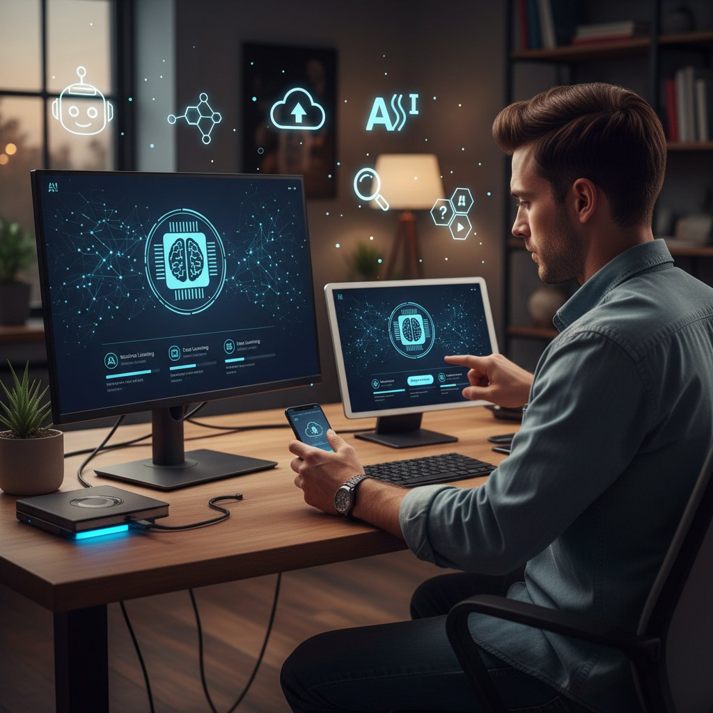 Mężczyzna korzystający z aplikacji AI do nauki, komputer i telefon, wokół ikony sztucznej inteligencji