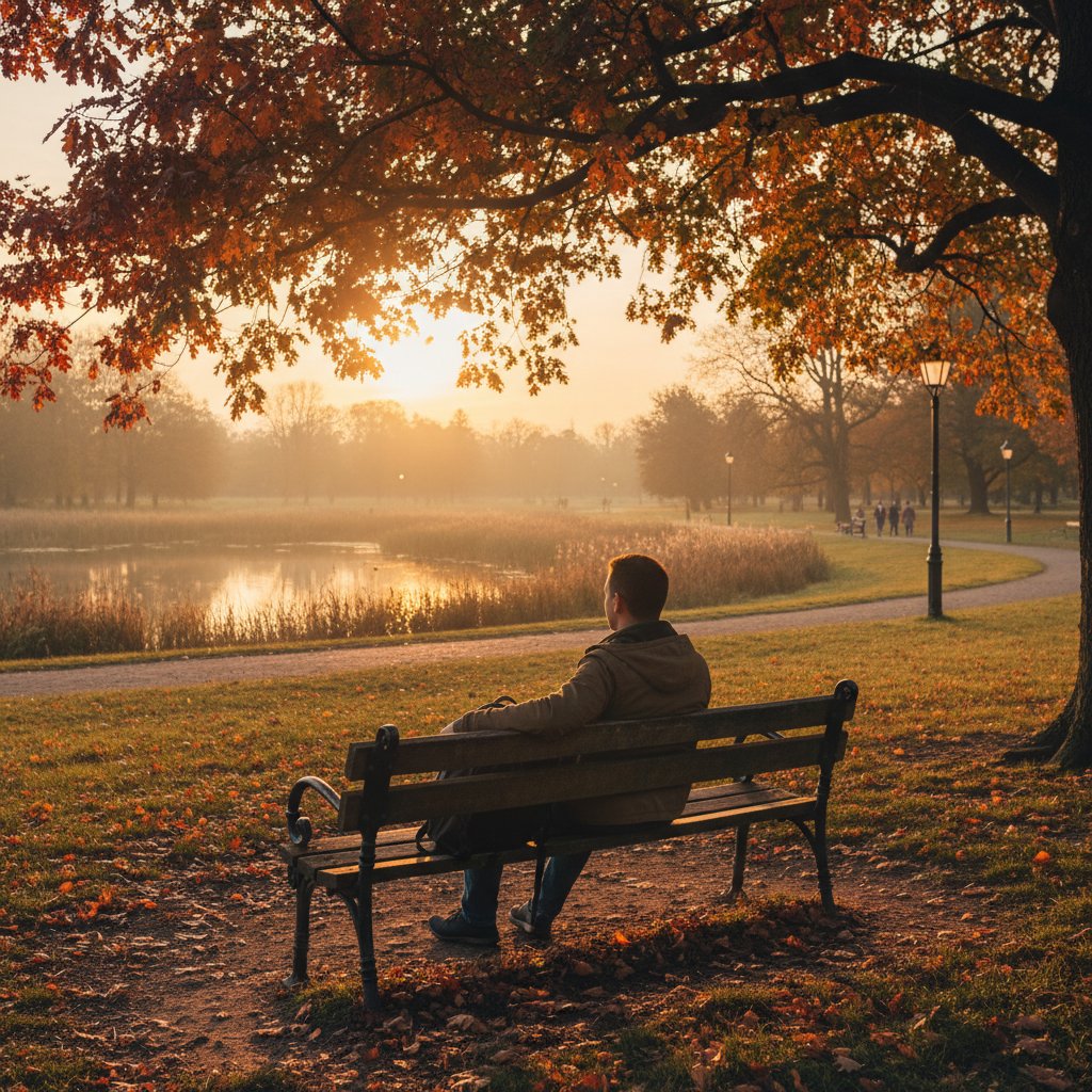 Mężczyzna samotnie siedzący na ławce w parku wieczorem, symbolizujący skutki toksycznego ego