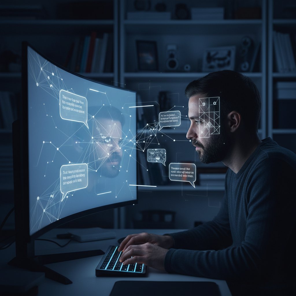 Mężczyzna samotnie siedzący przed komputerem, zamglone światło monitora, rozmowa z AI, atmosfera refleksji