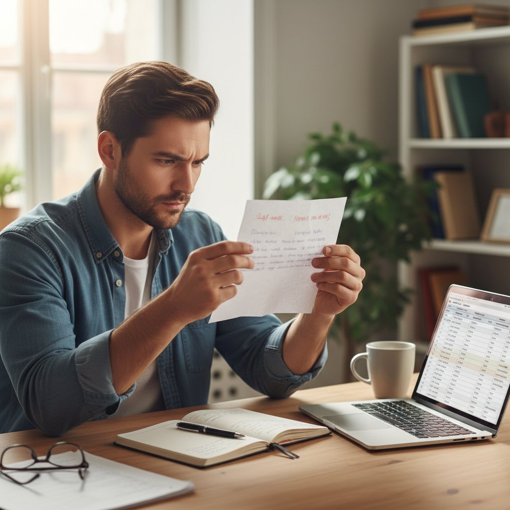 Mężczyzna analizujący pismo reklamacyjne, skupiony wzrok, notatnik i laptop
