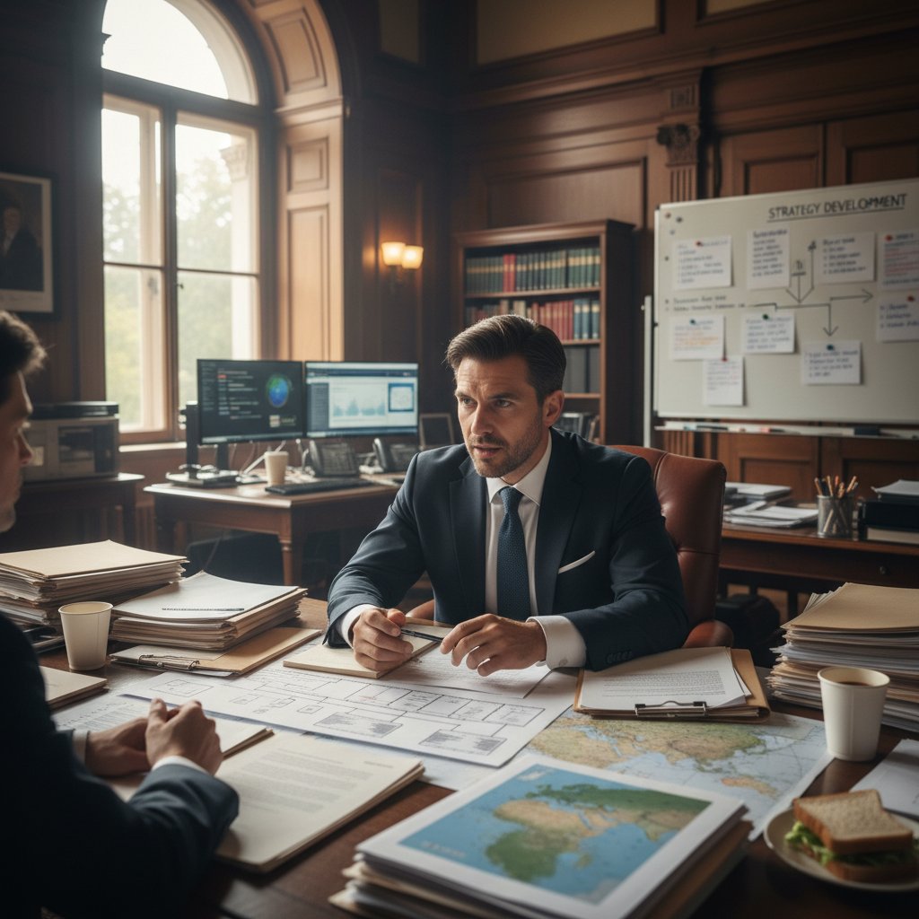 Mężczyzna analizujący dokumenty na tle urzędu, podkreślający planowanie i strategię