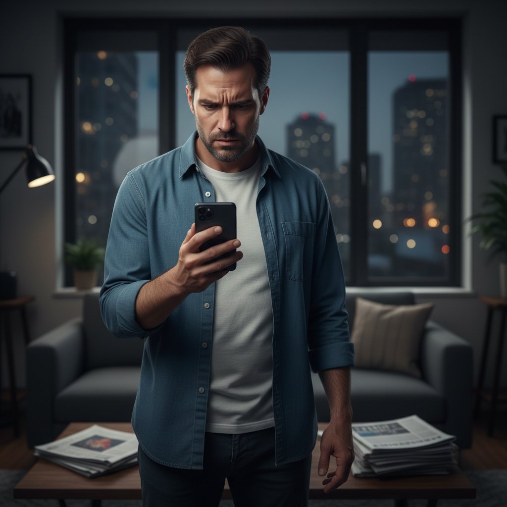 Mężczyzna analizuje wiadomości na telefonie, z niepokojem patrząc na ekran – motyw fake newsów