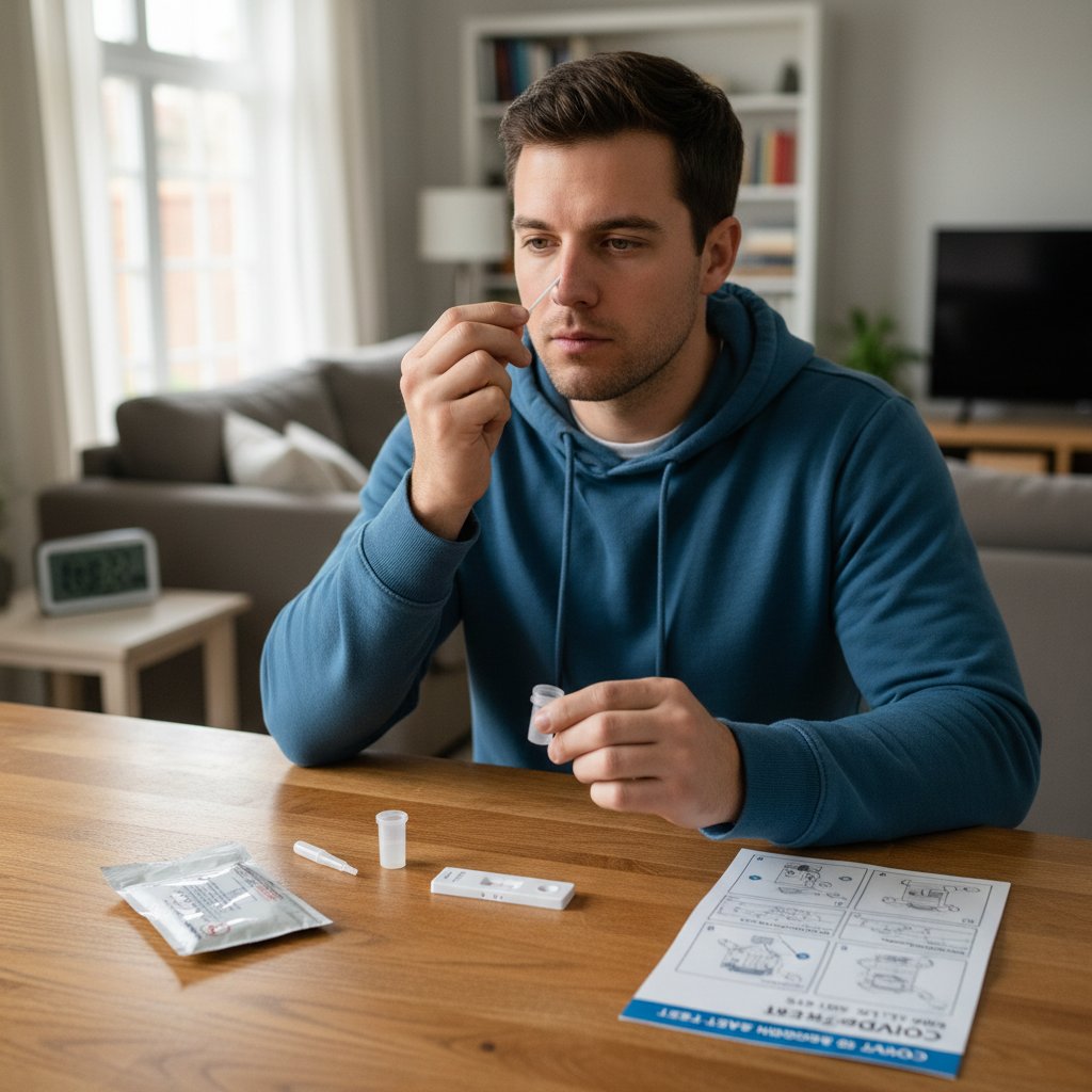 Mężczyzna wykonujący samodzielnie test antygenowy przy stole w domu, skupiony