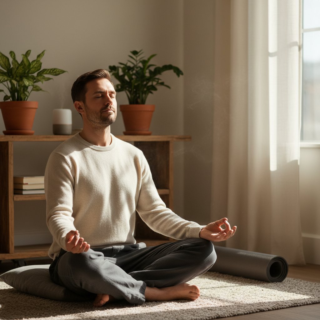 Mężczyzna w domowym zaciszu wykonujący ćwiczenie oddechowe, atmosfera spokoju i wyciszenia