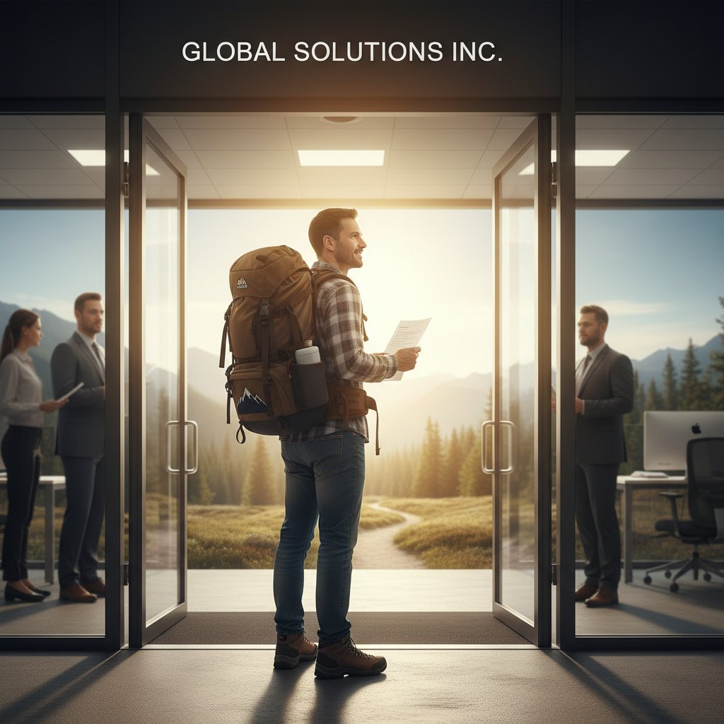 Mężczyzna z plecakiem opuszczający biurowiec, symbolizujący nowy początek w karierze