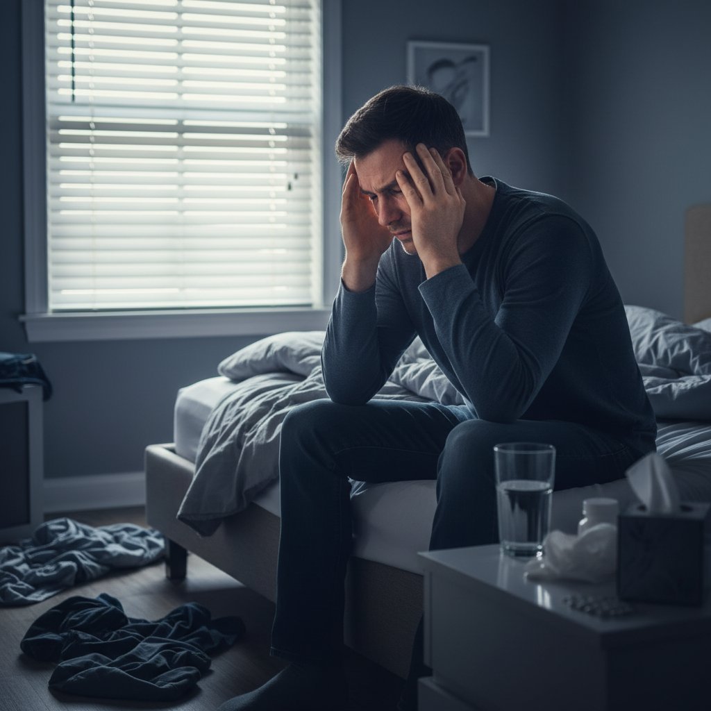 Mężczyzna trzymający się za głowę na łóżku w ciemnym pokoju, ukazujący fizyczne skutki żałoby