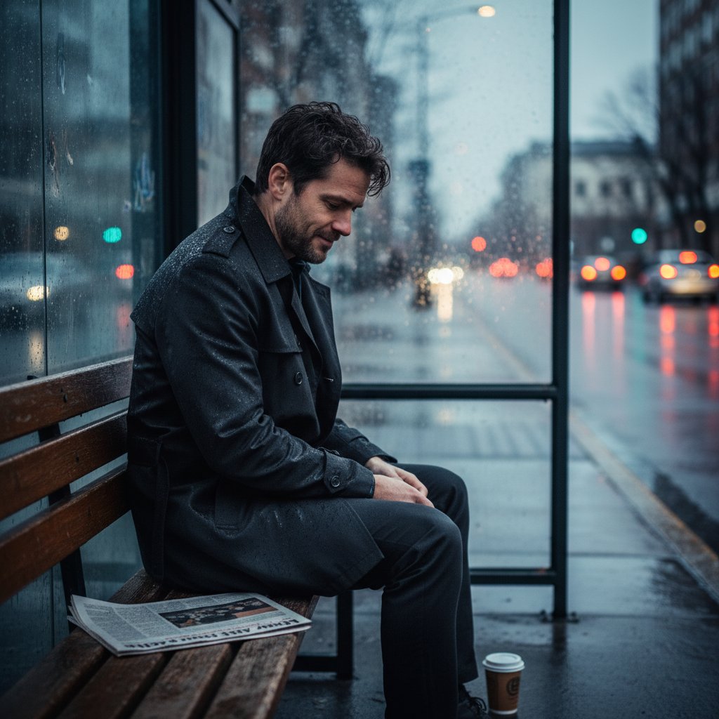 Mężczyzna stojący na przystanku autobusowym w deszczu, wyraźnie zamyślony, symbolizujący trudności w mówieniu o emocjach