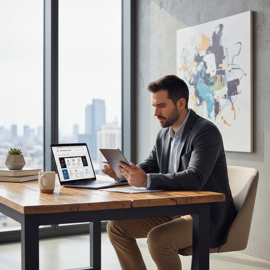 Mężczyzna przegląda checklistę na laptopie, skupienie, nowoczesny pokój, przygotowanie do wyboru usług edukacyjnych