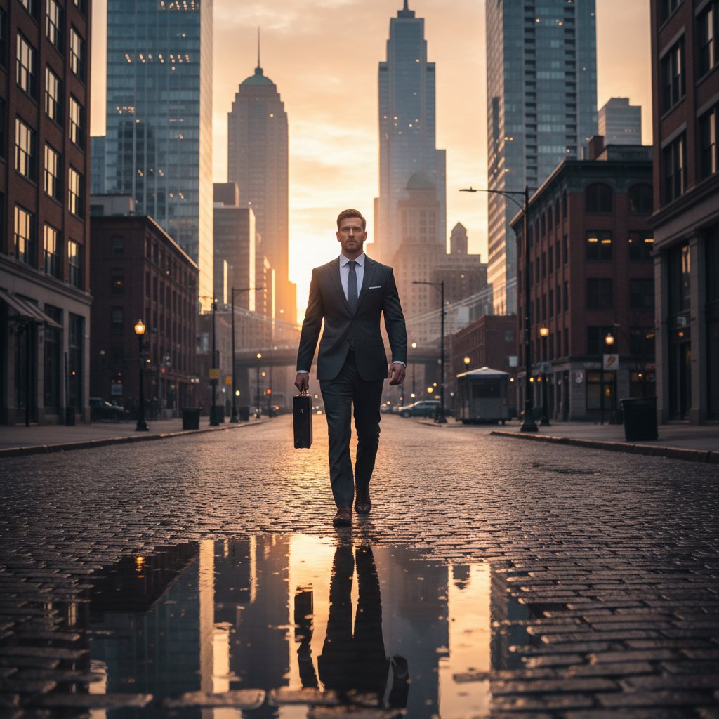 Człowiek patrzący na panoramę miasta o świcie, refleksja, równowaga – symbol podsumowania drogi zawodowej, słowa kluczowe: refleksja, kariera, balans, sukces