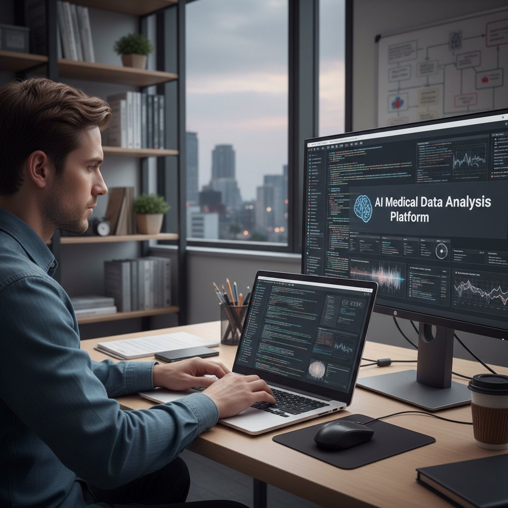 Mężczyzna programuje na laptopie, na ekranie widoczne są wycinki kodu oraz dane laboratoryjne, AI w medycynie