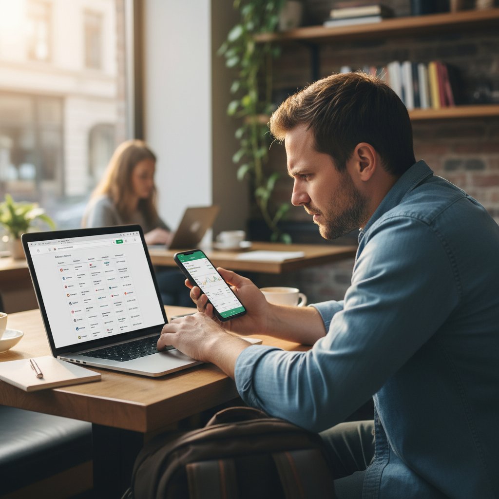 Mężczyzna analizujący ceny lotów w kilku aplikacjach na laptopie i smartfonie